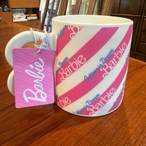 Barbie 21 oz Pink and White ceramic Striped Mug California Dream B-Handle